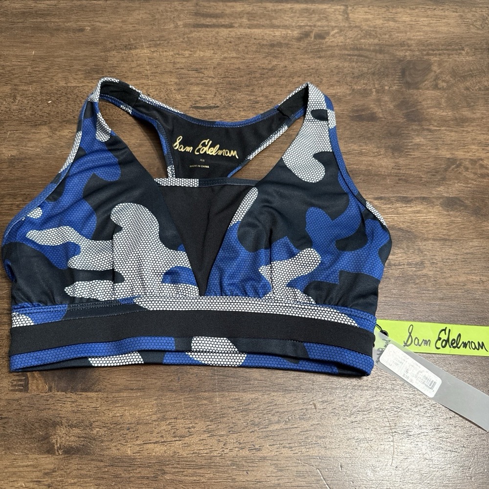 Sam Edelman Puzzle Print Triangle Sports Bra Women's SZ XS NWT Black & Blue Camo